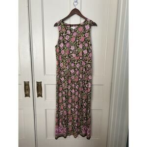 J. Jill Floral Stretch Maxi Shift Dress Womens Size Medium Green Pink Spring